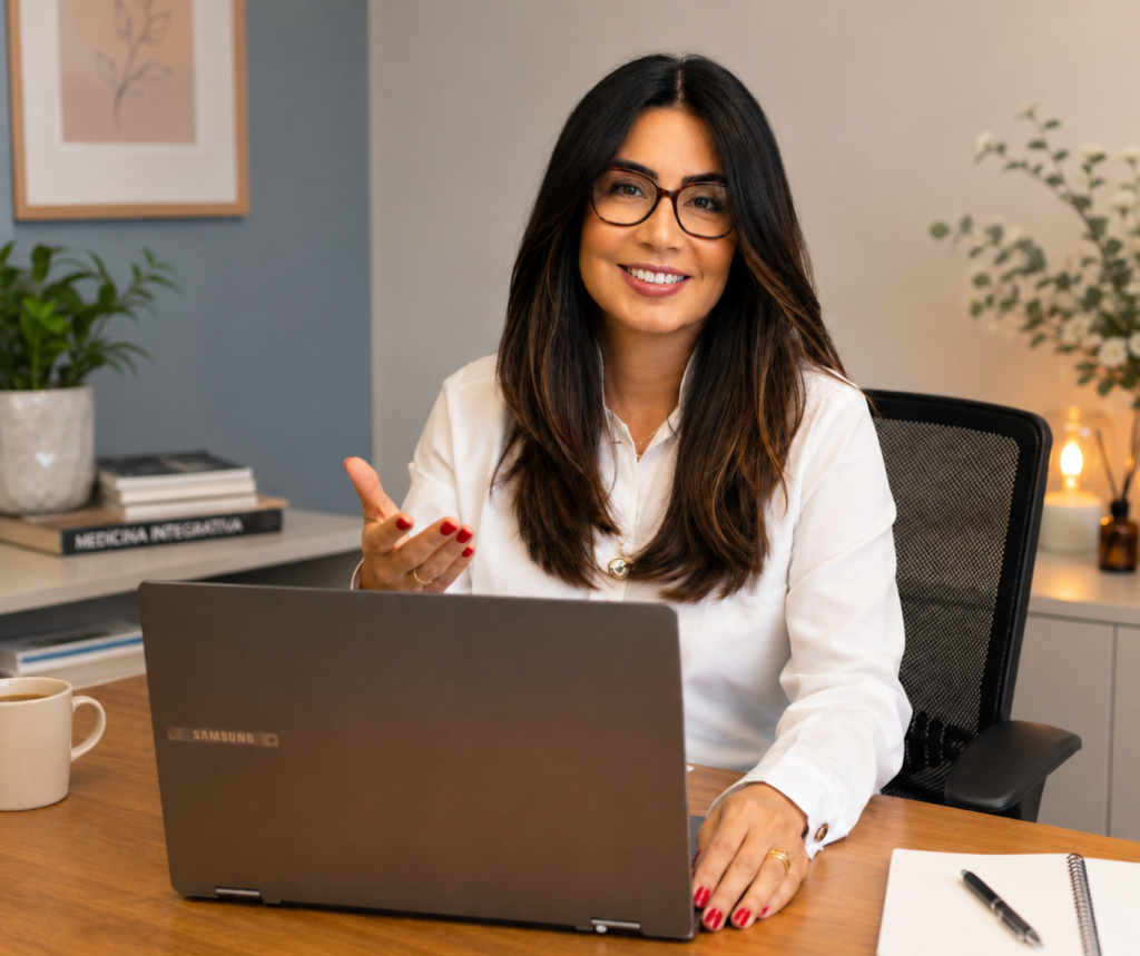 Dra. Daniela Chagas em teleconsulta, atendendo pacientes online pelo notebook