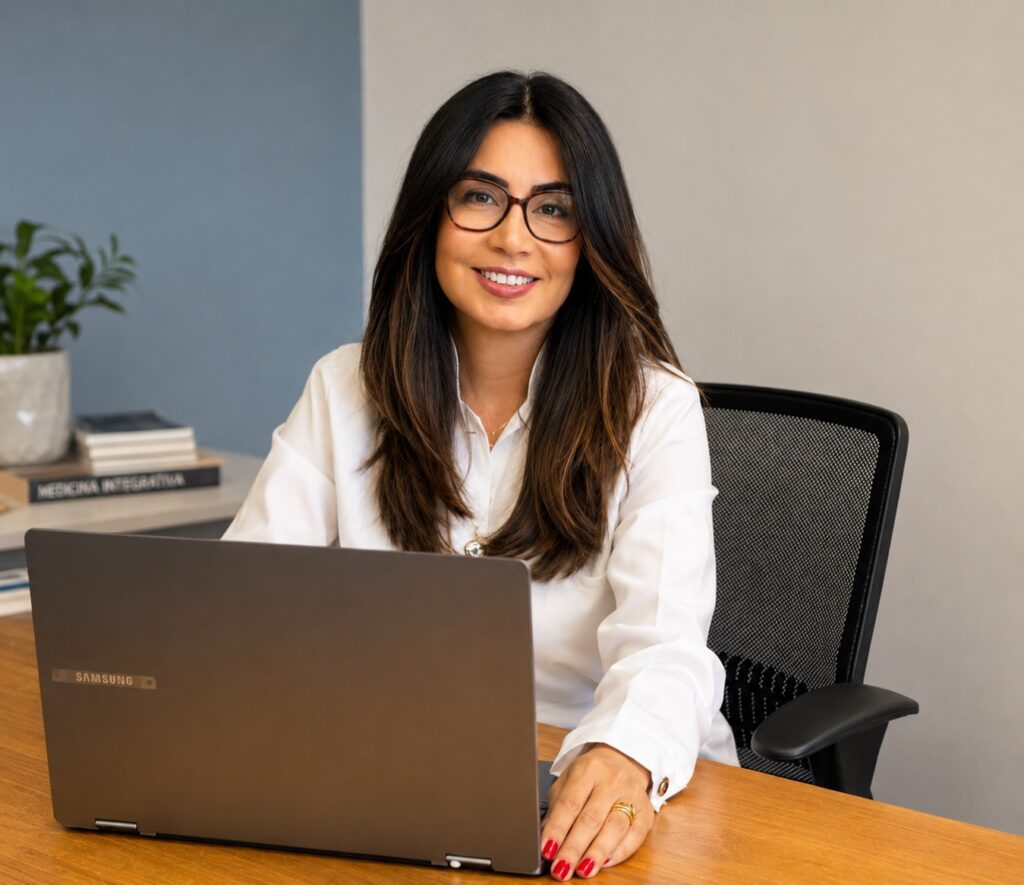 Dra. Daniela Chagas em seu consultório, atendendo por teleconsulta