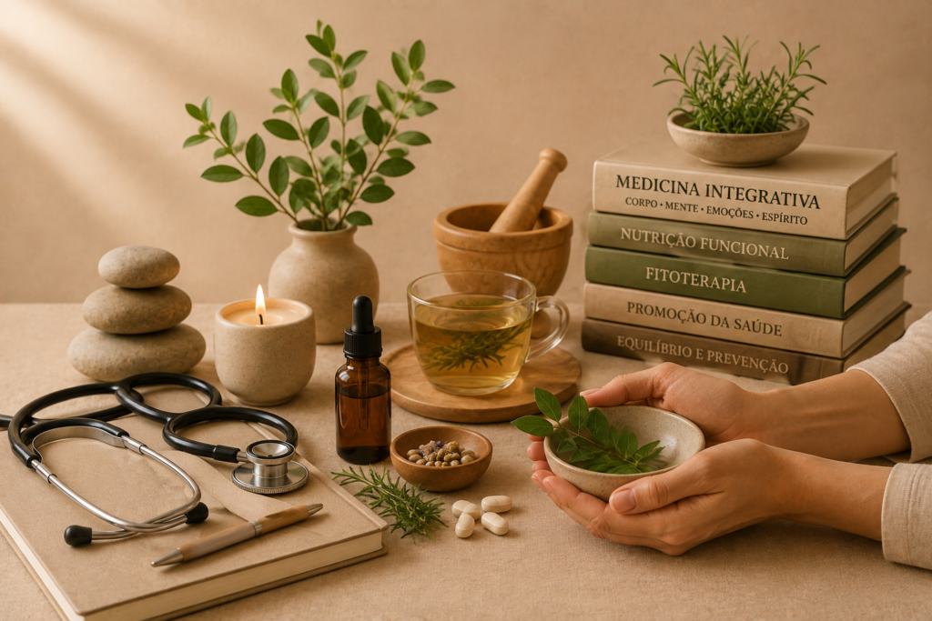 Elementos de medicina integrativa: fitoterapia, estetoscópio e ervas