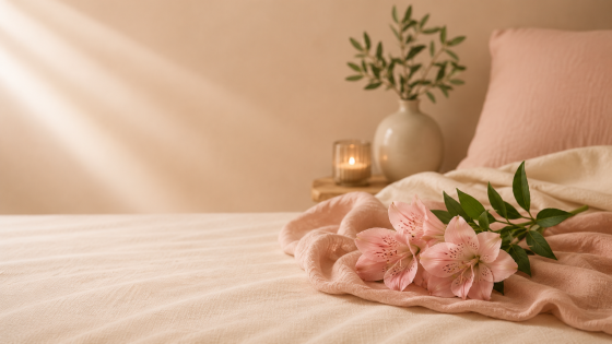 Composição intimista com flores e tecidos, imagem simbólica para baixa libido feminina