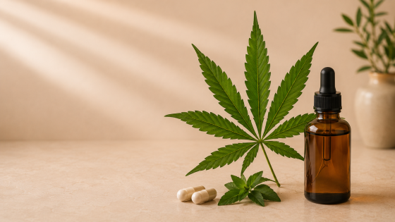 Folha de cannabis e frasco conta-gotas, composição médica para cannabis medicinal na ginecologia integrativa