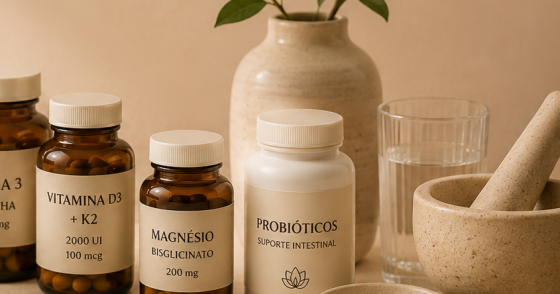 Frascos de suplementos ortomoleculares em composição clean