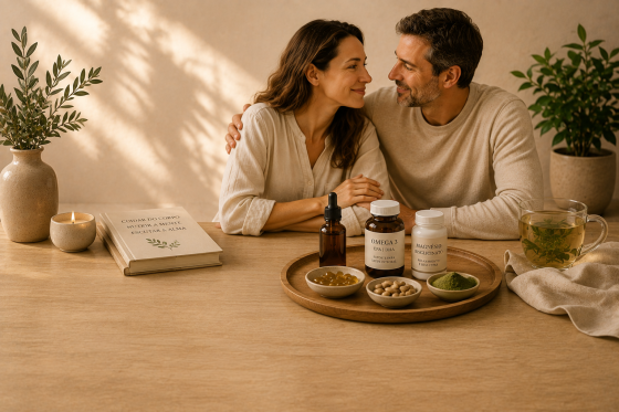 Casal sorrindo junto à mesa com suplementos, representando o preparo do casal para a gravidez