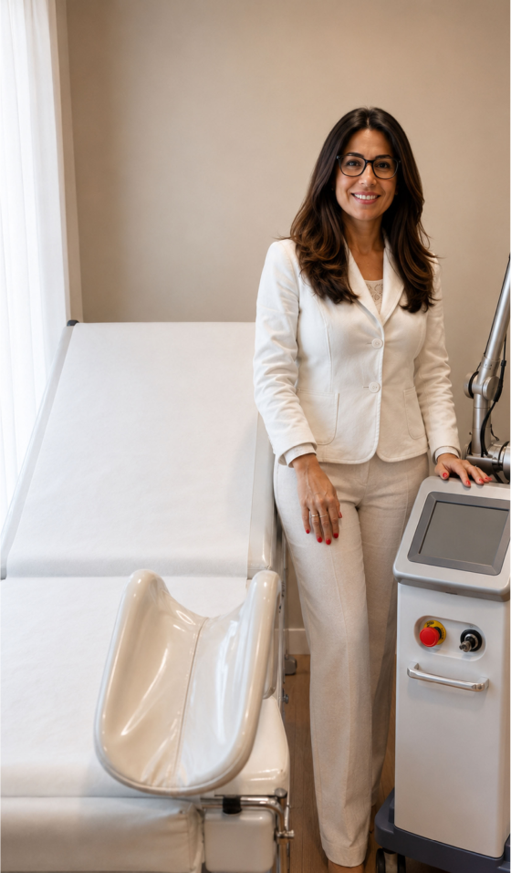 Dra. Daniela Chagas ao lado do equipamento de laser vaginal em consultório