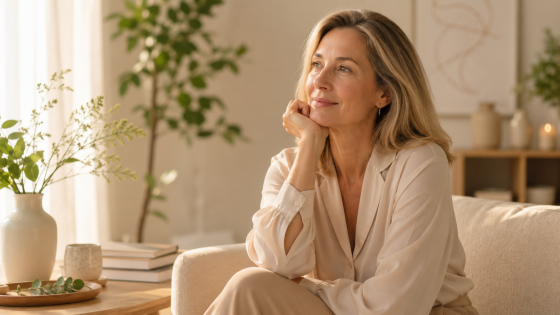 Mulher sentada, pensativa e sorridente, representando serenidade na menopausa e climaterio