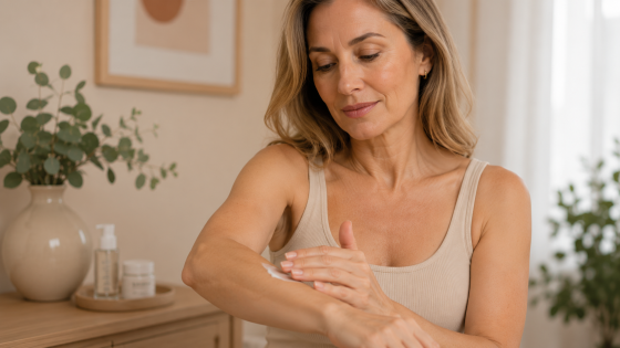 Mulher aplicando gel/hidratante no braço, representando reposição hormonal feminina